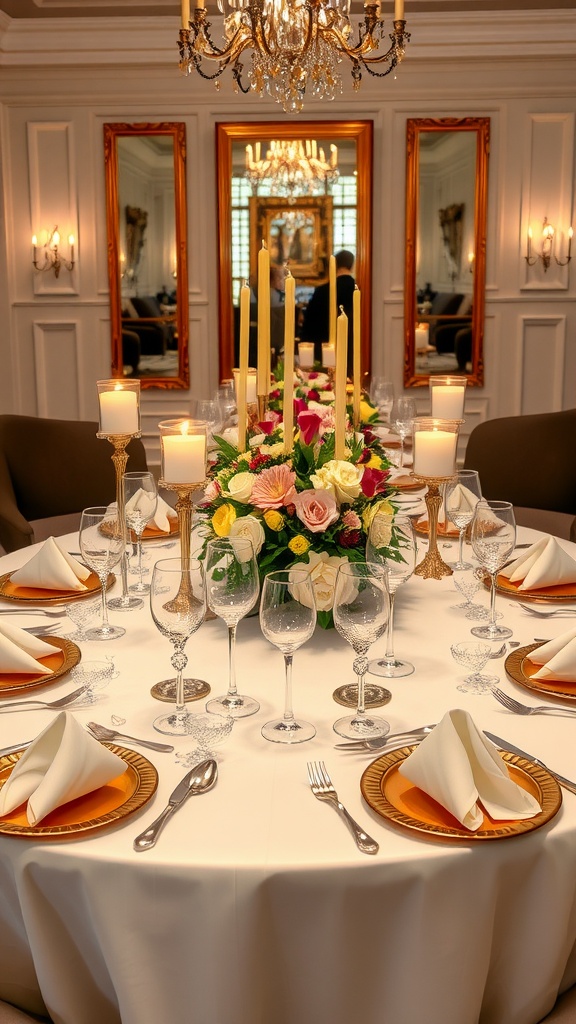 An elegantly arranged dinner table with a white tablecloth, gold cutlery, floral centerpiece, and candles.